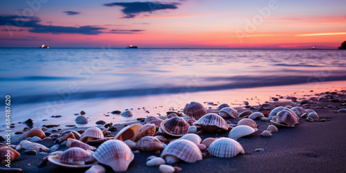 seashells on the beach  smooth water  soft clouds  magical twilight ambiance