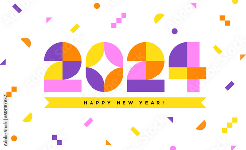 Happy New Year 2024 greeting card or banner design with colorful geometric numbers on white background.