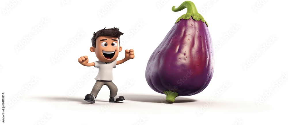 cute little boy stands with eggplant character cute little boy stands with eggplant character