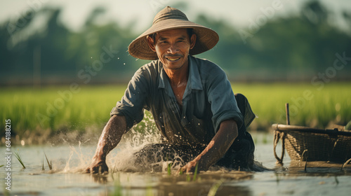 Asian worker (farmer) in the rice field. Agriculture in Asia. Rice plantations. photo