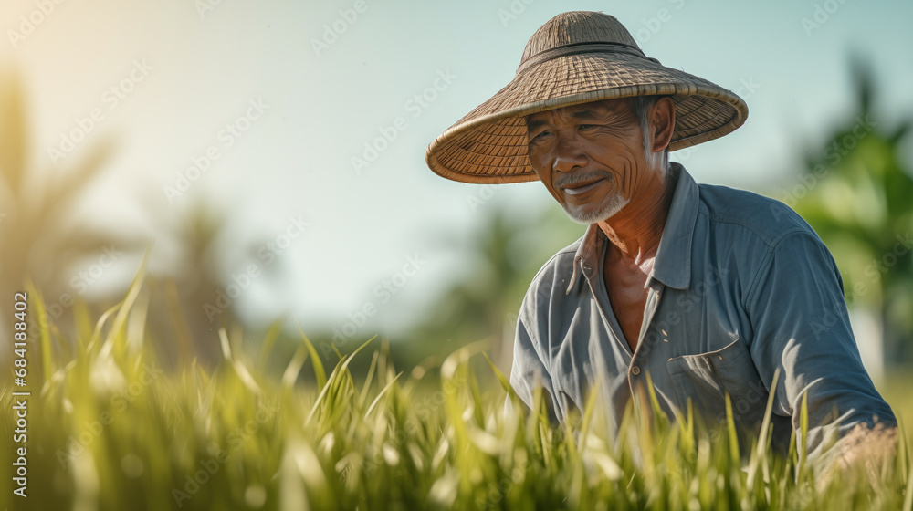 Asian worker (farmer) in the rice field. Agriculture in Asia. Rice plantations.