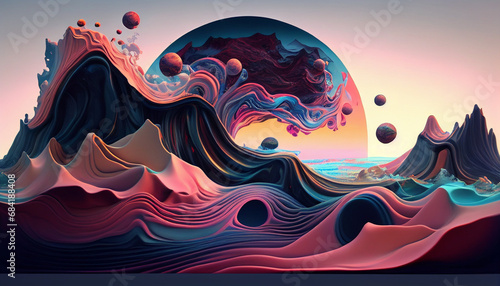 fantasy landscape with vivid colors splashing in waves style