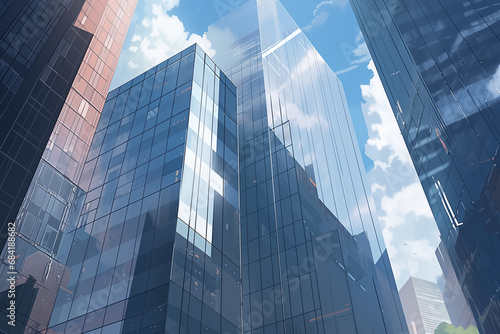 都会のビル群のガラスに反射する青空風景 photo