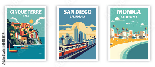 Cinque Terre, San Diego, Monica Illustration Art. Travel Poster Wall Art. Minimalist Vector art.