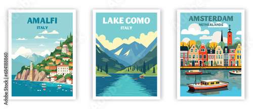 Amalfi, Lake Como, Amsterdam Illustration Art. Travel Poster Wall Art. Minimalist Vector art.