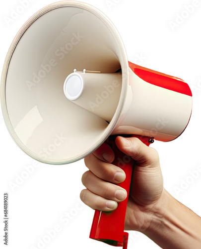 Hand with a megaphone isolated on white background photo