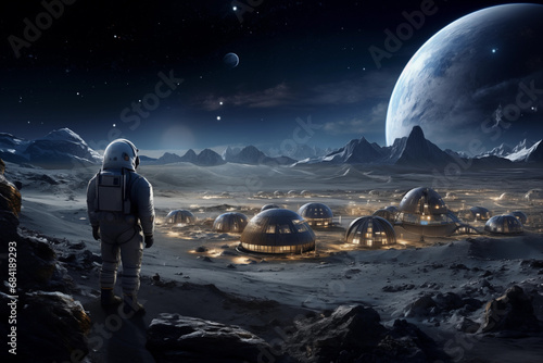 astronaut on the moon lunar base illuminated building night stars in the sky mountains on the horizon