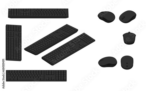 Isometric view of keyboard and mouse on white background