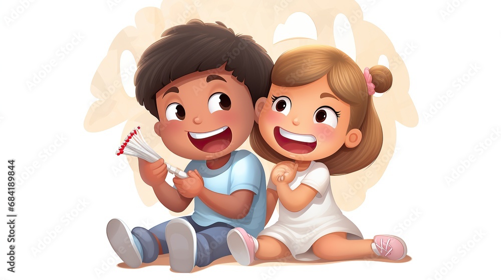 Children holding toothpaste and toothbrush with big tooth Children holding toothpaste and toothbrush with big tooth