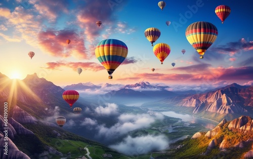 Colorful hot air balloons flying over a scenic landscape © Dina