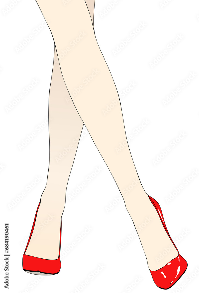 The crossed legs of a woman wearing red high-heeled shoes