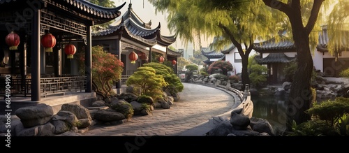 Japanese landscape vector illustration. Cartoon asian traditional temple, pavilion or Torii gate.