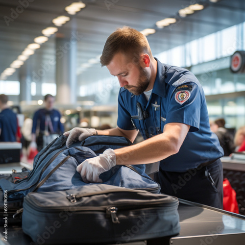 Security agent at an airport checking a traveler's luggage. Airport security control. photo