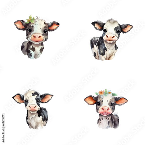 set of cute cow watercolor illustrations for printing on baby clothes, sticker, postcards, baby showers, games and books, safari jungle animals vector
