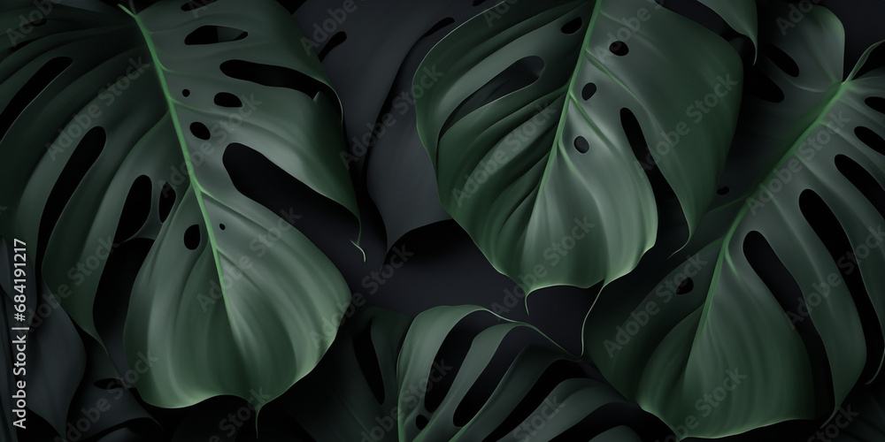 Deep rich background with monstera leaves. Juicy green leaves on dark background.Template,background,wallpaper with monstera leaves Deep rich background with monstera leaves. Juicy green leaves on dark background.Template,background,wallpaper with monstera leaves
