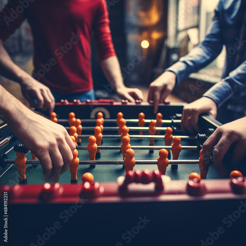 Close up of hands of friends playing table football or foosball in a bar in summer.