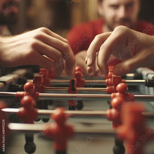 Close up of hands of friends playing table football or foosball in a bar in summer.