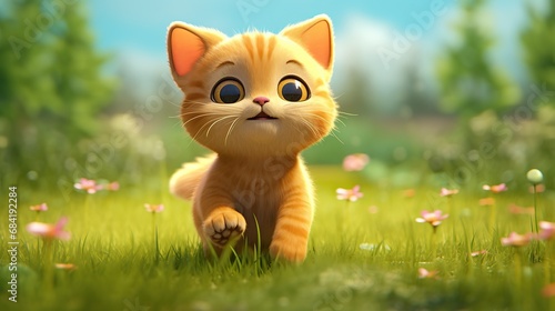 Cartoon character kitten 3d illustration for children. Cute fairytale cat print for clothes, stationery, books, merchandise.