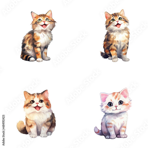 set of cute cat watercolor illustrations for printing on baby clothes, sticker, postcards, baby showers, games and books, safari jungle animals vector