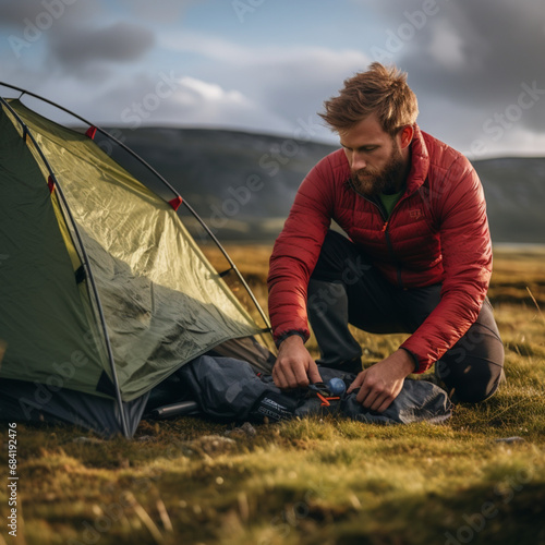 Man setting up the tent in the mountain.