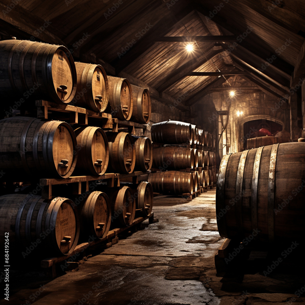 Wooden barrels in a winery.