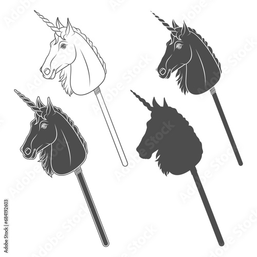 Set of black and white illustrations with unicorn hobby horse toy on stick. Isolated vector objects on white background.