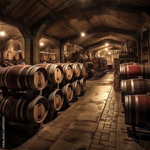 Wooden barrels in a winery.