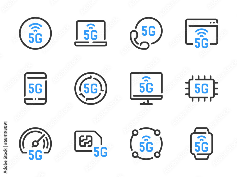 5G Communication Technology vector line icons. High Speed Wireless Network outline icon set. 5G Communication Technology vector line icons. High Speed Wireless Network outline icon set.