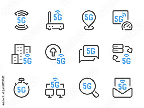 5G Communication Technology vector line icons. High Speed Wireless Network outline icon set.