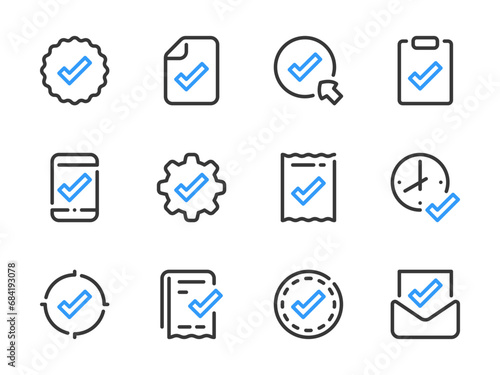 Checkmark and Acceptance vector line icons. Check, Tick and Approve outline icon set.
