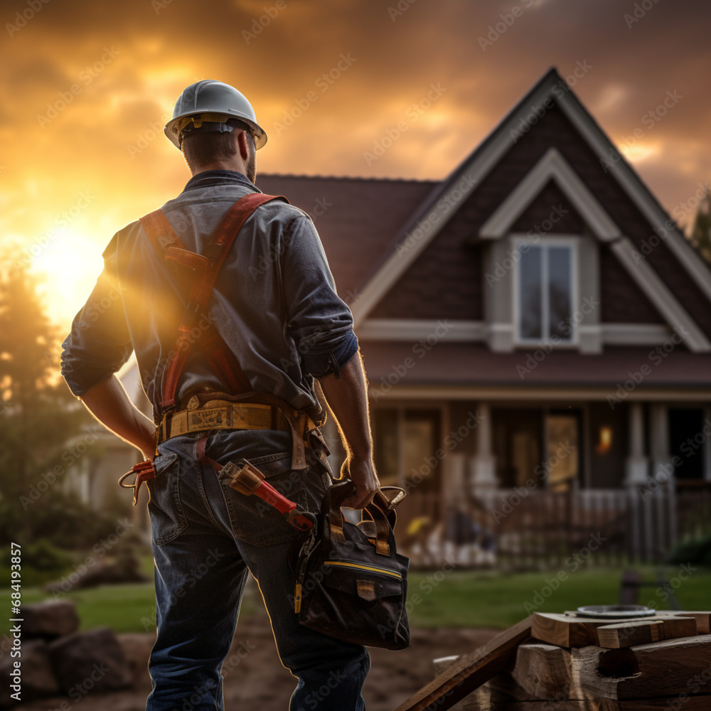 Worker with a tool belt next to a house under construction. - obrazy, fototapety, plakaty 