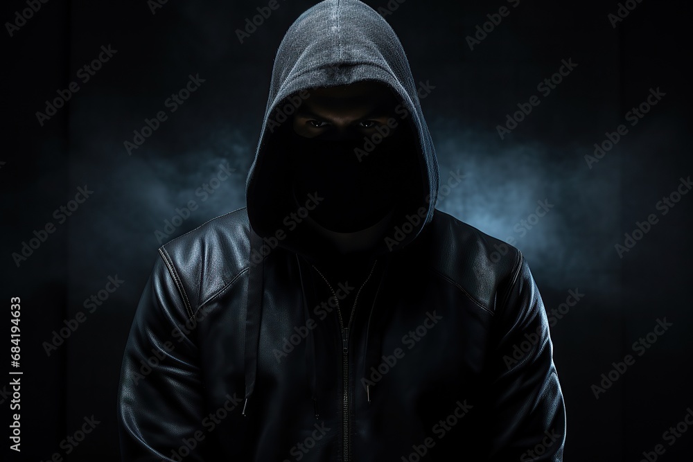 Hacker work front of his laptop computer with dark face. Hacker work front of his laptop computer with dark face.