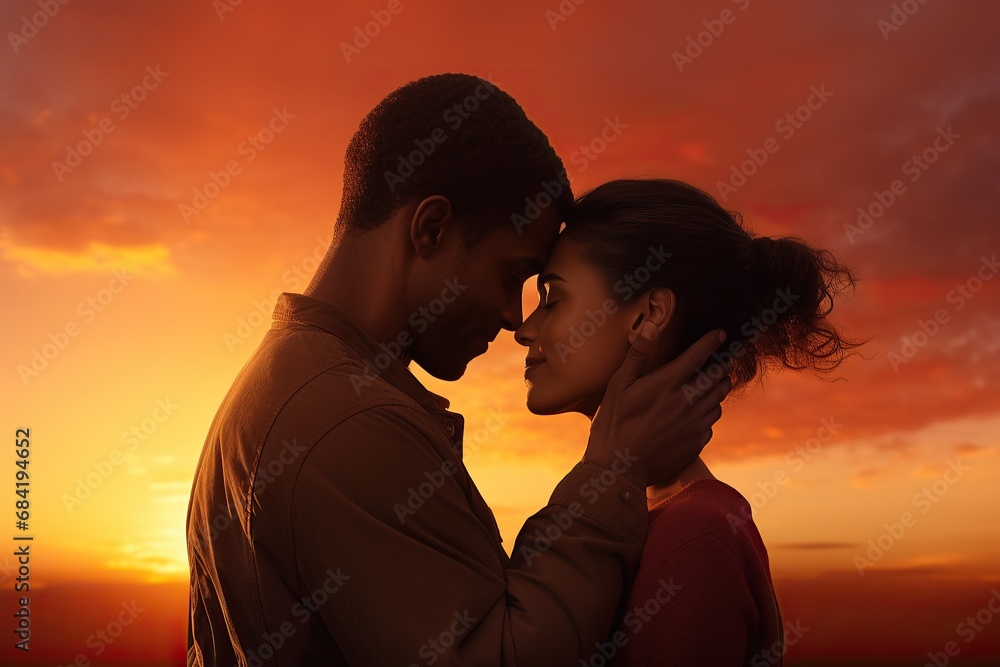Couple in love gently kissing, standing on roof of house, beautiful sunset