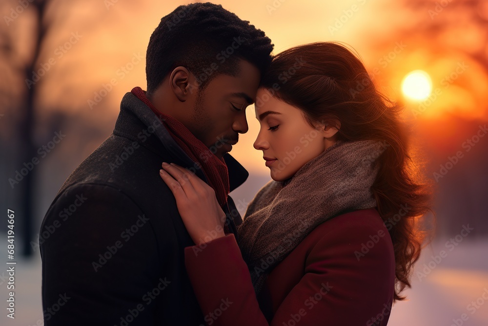 Couple in love gently kissing, standing on roof of house, beautiful sunset Couple in love gently kissing, standing on roof of house, beautiful sunset