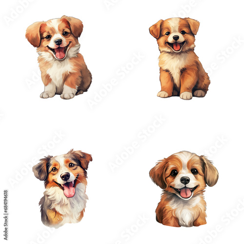 set of cute dog watercolor illustrations for printing on baby clothes, sticker, postcards, baby showers, games and books, safari jungle animals vector
