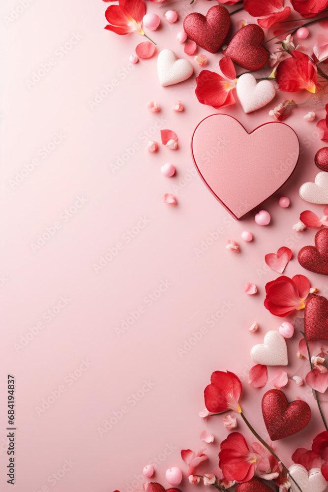 Valentine's day background with copy space, many red heart confetti and flowers on a pink background