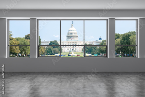 Empty room Interior View to Capitol Dome Cityscape Washington City Skyline Window background. Beautiful Real Estate. Day time. 3d rendering. photo
