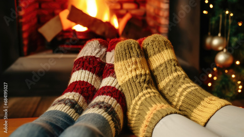 Feet in woollen socks by the Christmas fireplace with space for text