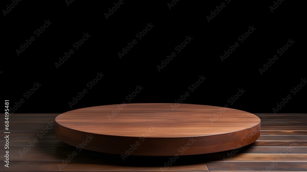 Brown round wooden product display on black background.Product presentation. Brown round wooden product display on black background.Product presentation.