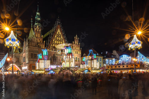 Traditional Christmas fair called Jarmark Bozonarodzeniowy in market square, Wroclaw in Poland.