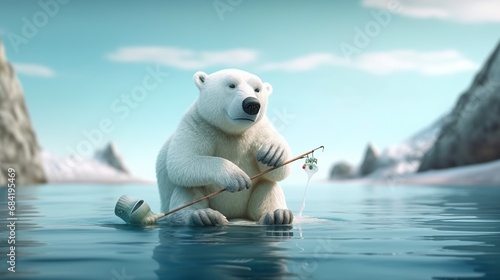 Cartoon Polar bear catch fish on ice in the sea on fishing rod. Polar Bear Day. Perfect content for wallpaper photo