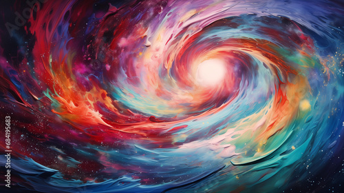 abstract background of swirling galaxies, painting vibrant cosmic hues across the canvas, using a fisheye lens to capture the immersive depth of the cosmic scene - Generative AI