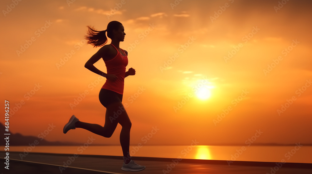 Siluette of young woman running in the sunset 