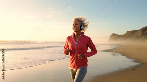 Middle age woman jogging on beach at morning with music on her headphones photo