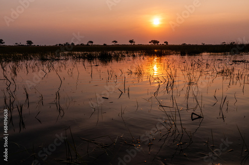 Telephoto shot of a beautiful sunset in the Okavango Delta in Botswana. © Goldilock Project