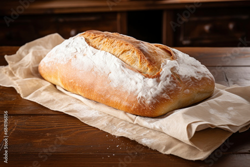 Freshly baked delicious ciabatta bread on napkin on old wooden table. Cozy home concept. Close-up. Copy space.