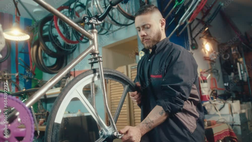 Professional mechanic in workwear using wrench and installing wheel on newly made custom bike in the workshop Professional mechanic in workwear using wrench and installing wheel on newly made custom bike in the workshop