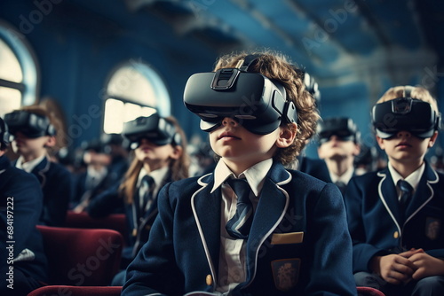 children with virtual reality headset in classroom