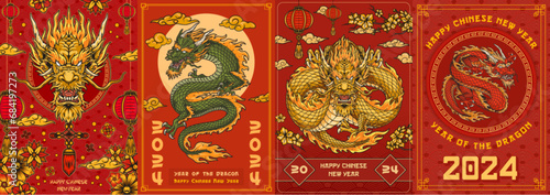 New year dragon set posters