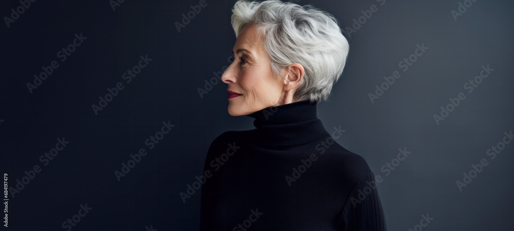 Middle age beautiful woman with stylish short haircut, female model hairstyle on gray background, health care concept - obrazy, fototapety, plakaty 